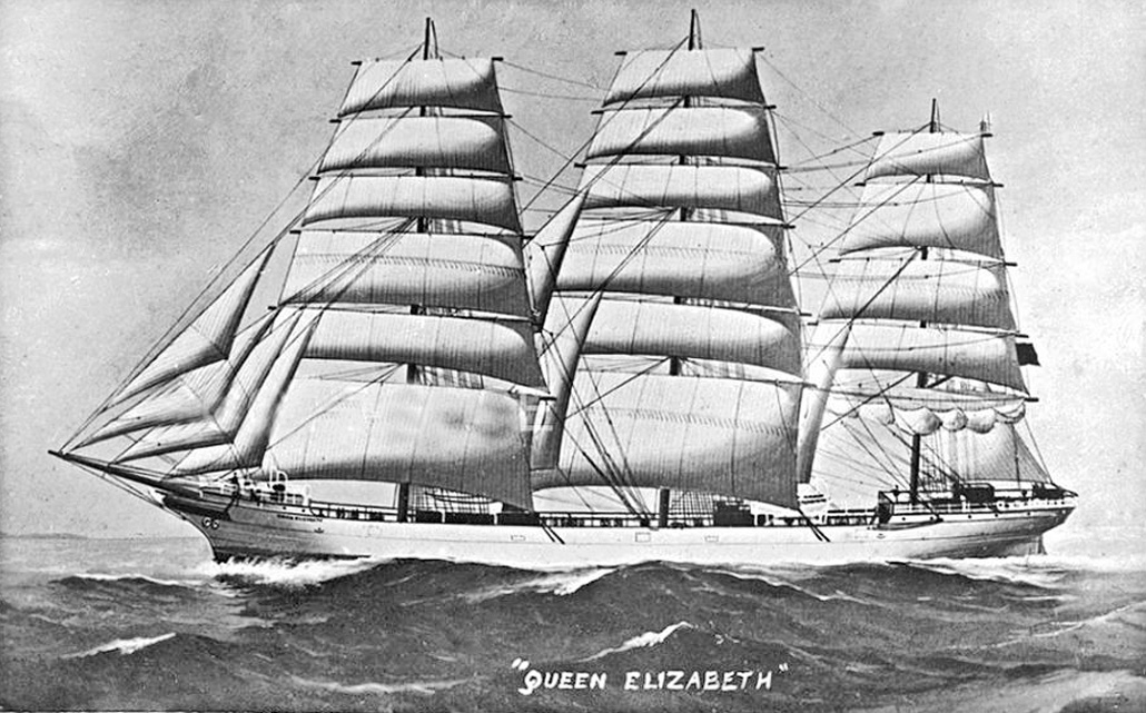 Artist's grayscale drawing depicting an old sailing ship at sea.