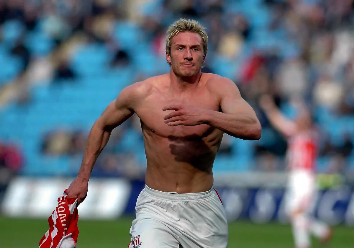Stoke City and Ireland midfielder Liam Lawrence celebrates a late winner against Coventry during the 2008 promotion run-in.