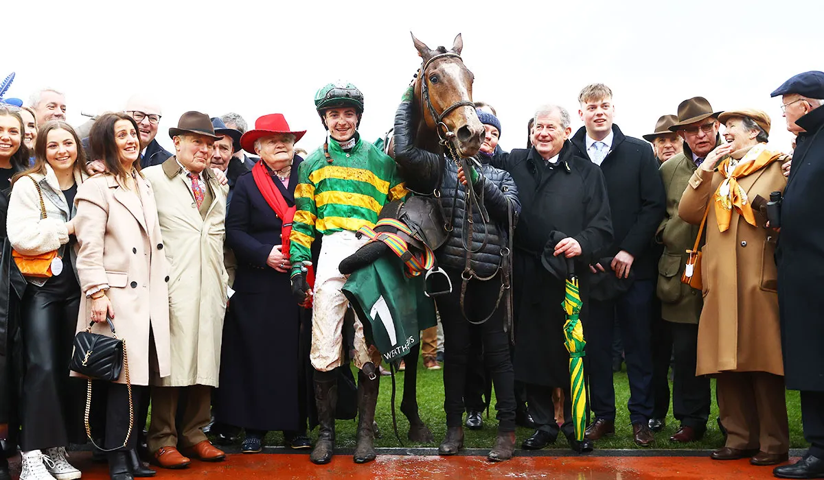 Owner J. P. McManus and jockey John Gleeson alongside A Dream to Share celebrate winning the Champion Bumper during day two of the Cheltenham Festival 2023 at Cheltenham Racecourse on March 15, 2023 in Cheltenham, England. Pic: by Michael Steele/Getty Images