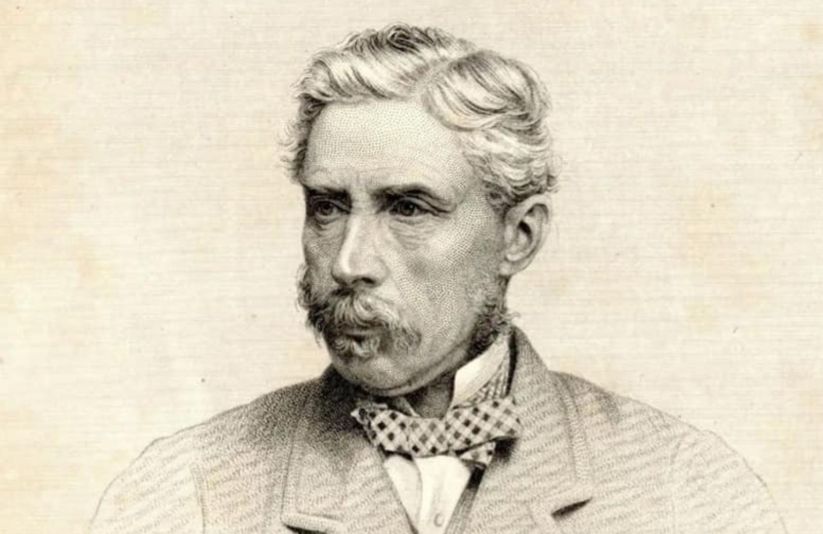 Black & white sketch of a man with moustache in mid/late 19th century dress.