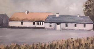 Painting of an old country pub with white walls and a red galvanised roof