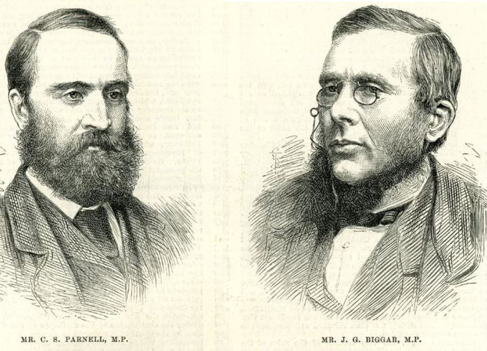 Sketch of two men from the 19th century - one has a beard and the other is wearing glasses. Both are wearing suits and ties.